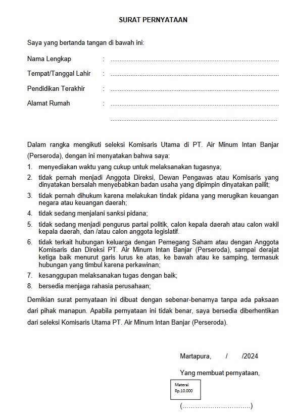 Seleksi Calon Komisaris Utama PT Air Minum Intan Banjar Perseroda